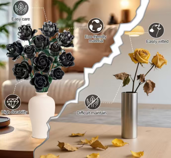 Black Roses Bouquet Building Set, Artificial Flowers Botanical Collection Building Block for Adults, Gothic Decor for Women, Girls