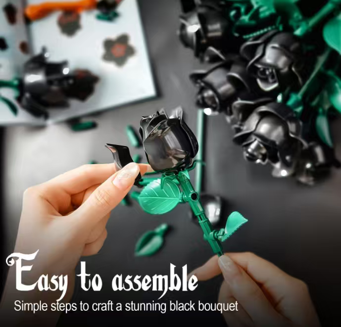 Black Roses Bouquet Building Set, Artificial Flowers Botanical Collection Building Block for Adults, Gothic Decor for Women, Girls