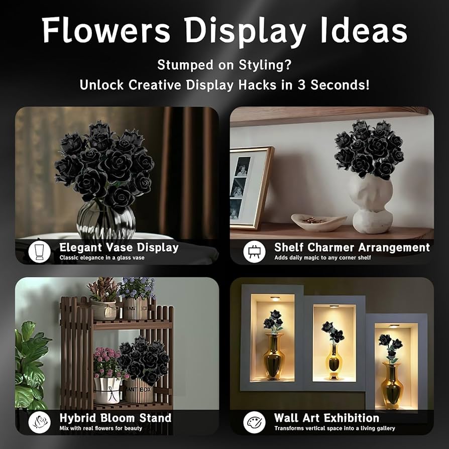 Black Roses Bouquet Building Set, Artificial Flowers Botanical Collection Building Block for Adults, Gothic Decor for Women, Girls