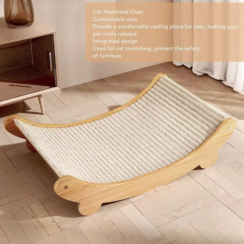 Wooden Cat Hammock Lounge Bed with Sisal Scratcher – Large Indoor Cat Resting Chair & Furniture Protector