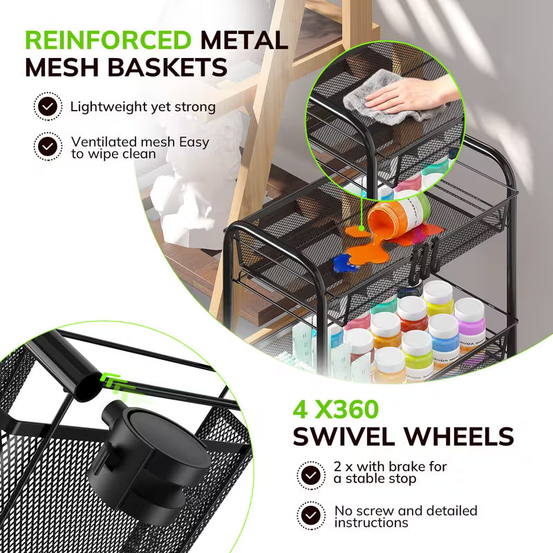 3-Tier Metal Rolling Utility Cart with Wheels & 4 Hooks – Mesh Storage Trolley for Kitchen, Bathroom & Laundry, Black