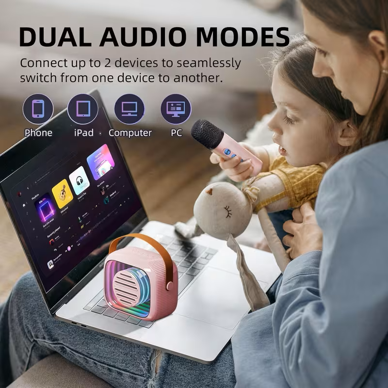 Mini Karaoke Machine - Portable Speaker with 2 Microphone, 5 Voice Changing Effects, Colorful Lights, Rechargeable Battery, USB Charging, Indoor And Outdoor Loud Speaker