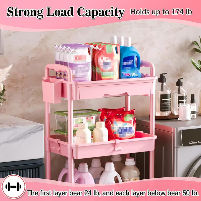 4-Tier Rolling Storage Cart Organizer with Drawer and Wheels – Pink