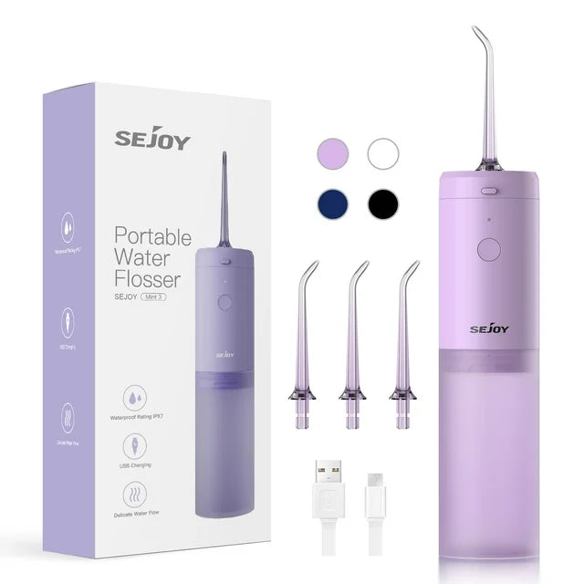 Sejoy Cordless Water Flosser Portable Oral Irrigator Rechargeable Collapsible Travel Teeth Cleaner IPX7 Waterproof, Purple