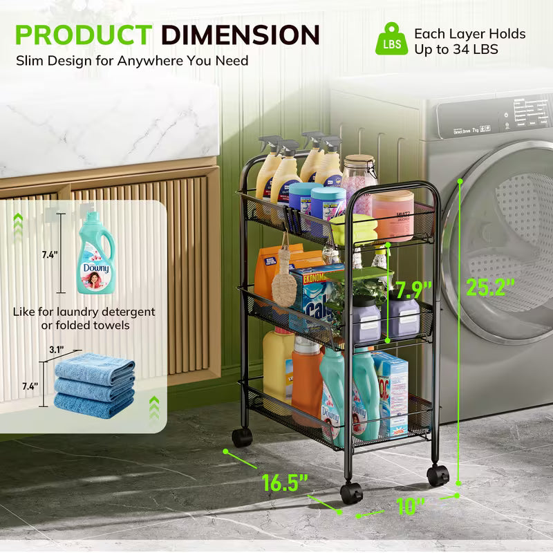 3-Tier Metal Rolling Utility Cart with Wheels & 4 Hooks – Mesh Storage Trolley for Kitchen, Bathroom & Laundry, Black