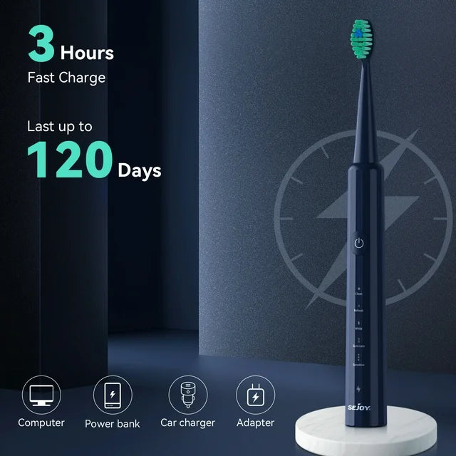 Sejoy Sonic Electric Toothbrush with 8 Brush Heads, Rechargeable Electric Tooth Brush for Adults and Kids,High Power, 5 Modes,Smart Timer for Home Travel, Gift,Navy