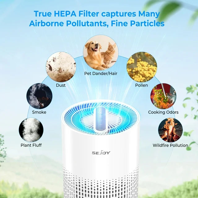 SEJOY家用空气净化器，适用于面积达800平方英尺的大房间，HEPA高效空气净化器，适用于卧室，可去除99.9%的宠物毛发、过敏原、烟雾、异味、灰尘和花粉。
