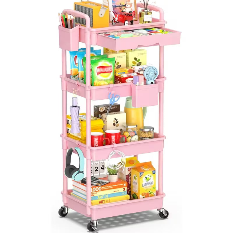 4-Tier Rolling Storage Cart Organizer with Drawer and Wheels – Pink