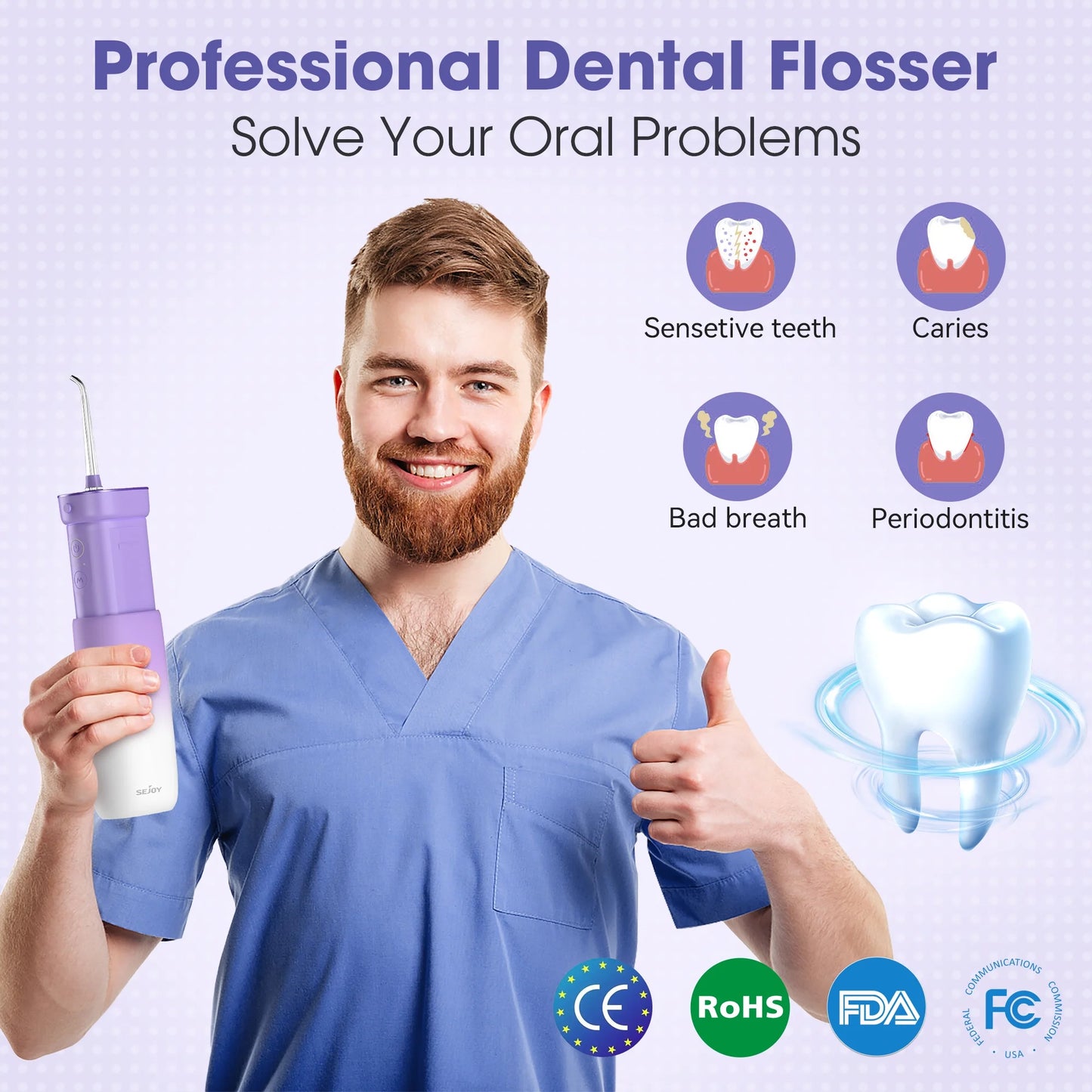 Sejoy 无绳便携式冲牙器，3 种模式 DIY，IPX7 防水，170 毫升伸缩水箱，旅行家用两用冲牙器，紫色