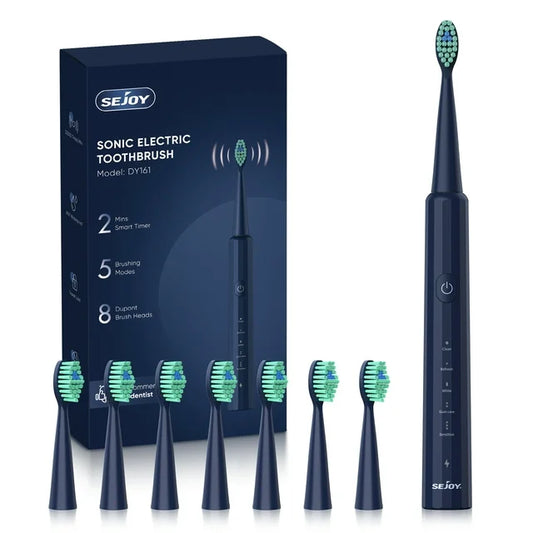 Sejoy Sonic Electric Toothbrush with 8 Brush Heads, Rechargeable Electric Tooth Brush for Adults and Kids,High Power, 5 Modes,Smart Timer for Home Travel, Gift,Navy