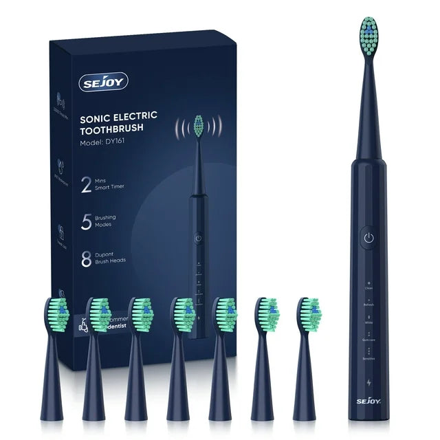 Sejoy Sonic Electric Toothbrush with 8 Brush Heads, Rechargeable Electric Tooth Brush for Adults and Kids,High Power, 5 Modes,Smart Timer for Home Travel, Gift,Navy