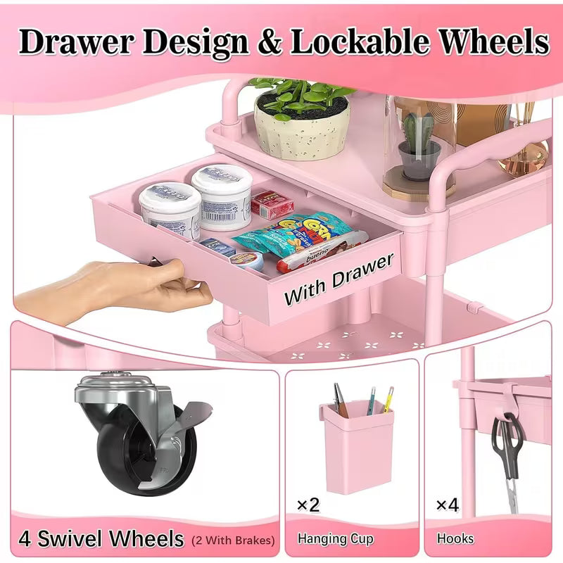 4-Tier Rolling Storage Cart Organizer with Drawer and Wheels – Pink