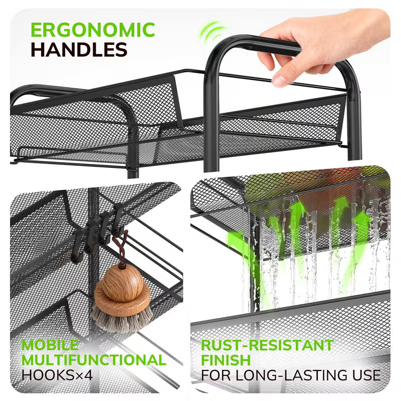 3-Tier Metal Rolling Utility Cart with Wheels & 4 Hooks – Mesh Storage Trolley for Kitchen, Bathroom & Laundry, Black