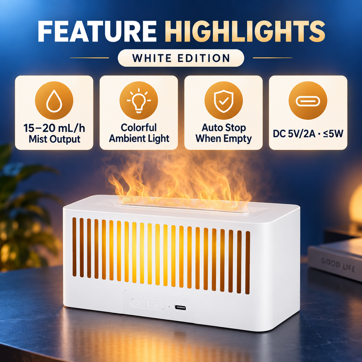 White Flame-Effect Desktop Humidifier with Colorful Ambient Light – 150 mL