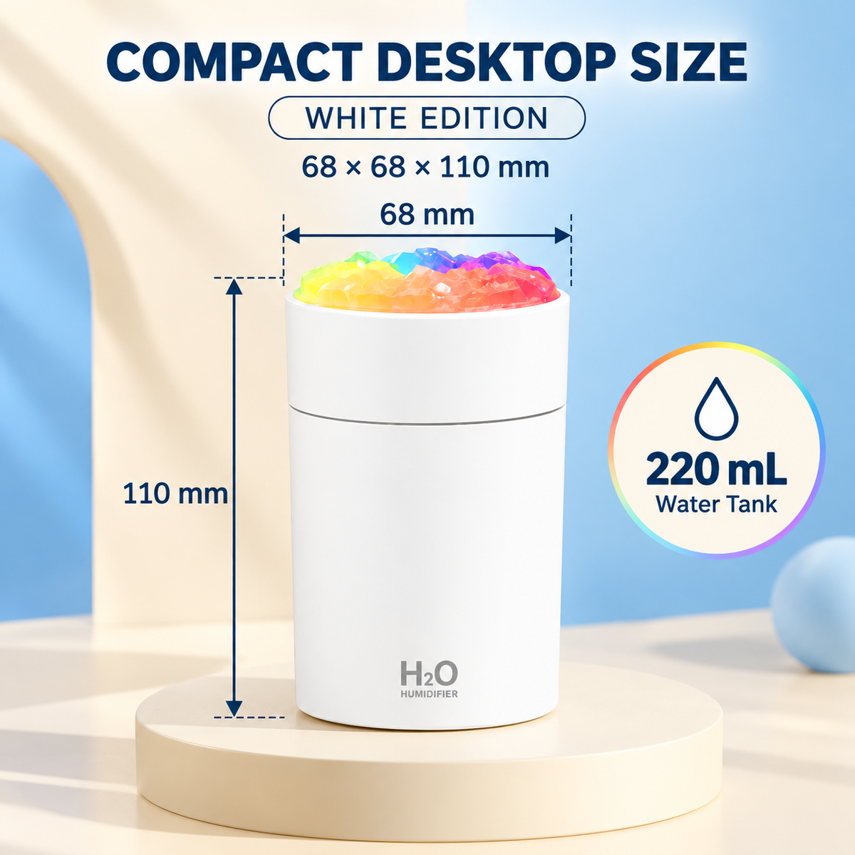 White Crystal-Top Mini Desktop Humidifier with Colorful Night Light – 220 mL