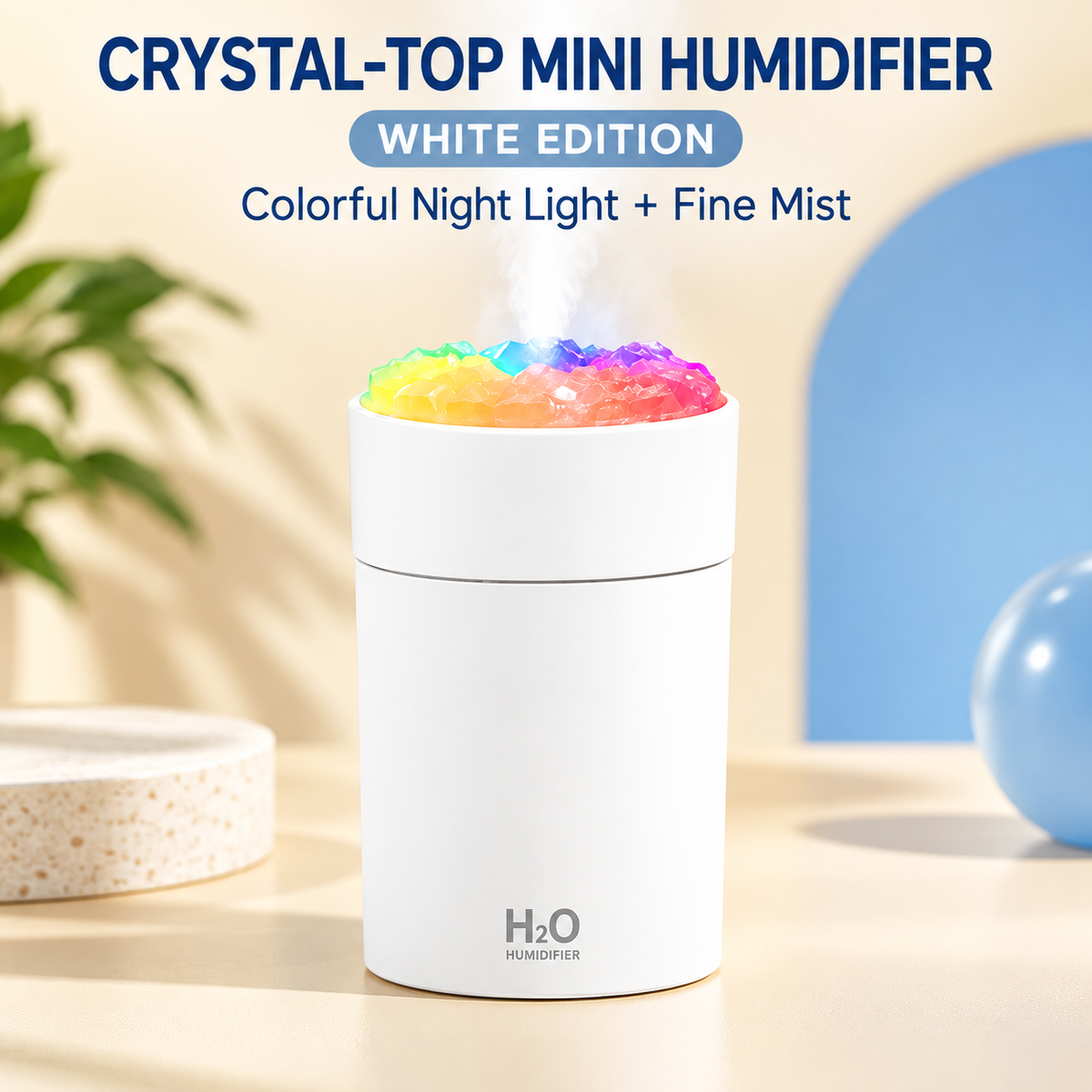 White Crystal-Top Mini Desktop Humidifier with Colorful Night Light – 220 mL