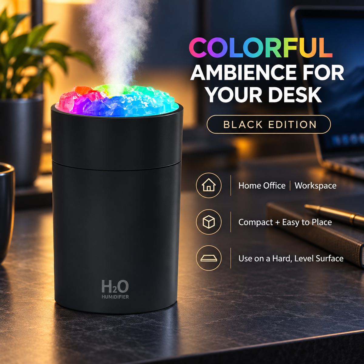 Black Crystal-Top Mini Desktop Humidifier with Colorful Night Light – 220 mL