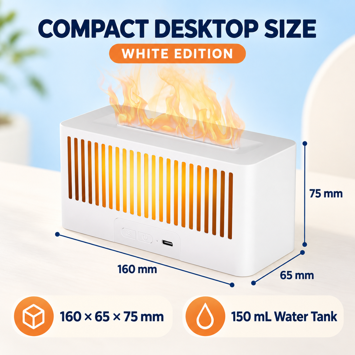 White Flame-Effect Desktop Humidifier with Colorful Ambient Light – 150 mL