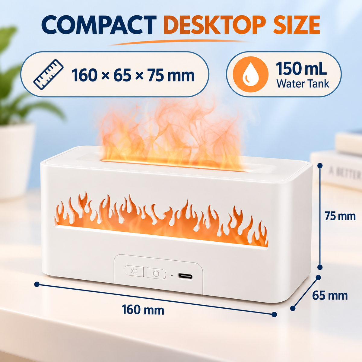 Flame Effect Mini Humidifier with Colorful LED Ambient Light, 150ml USB-C Cool Mist Humidifier for Bedroom, Office & Home
