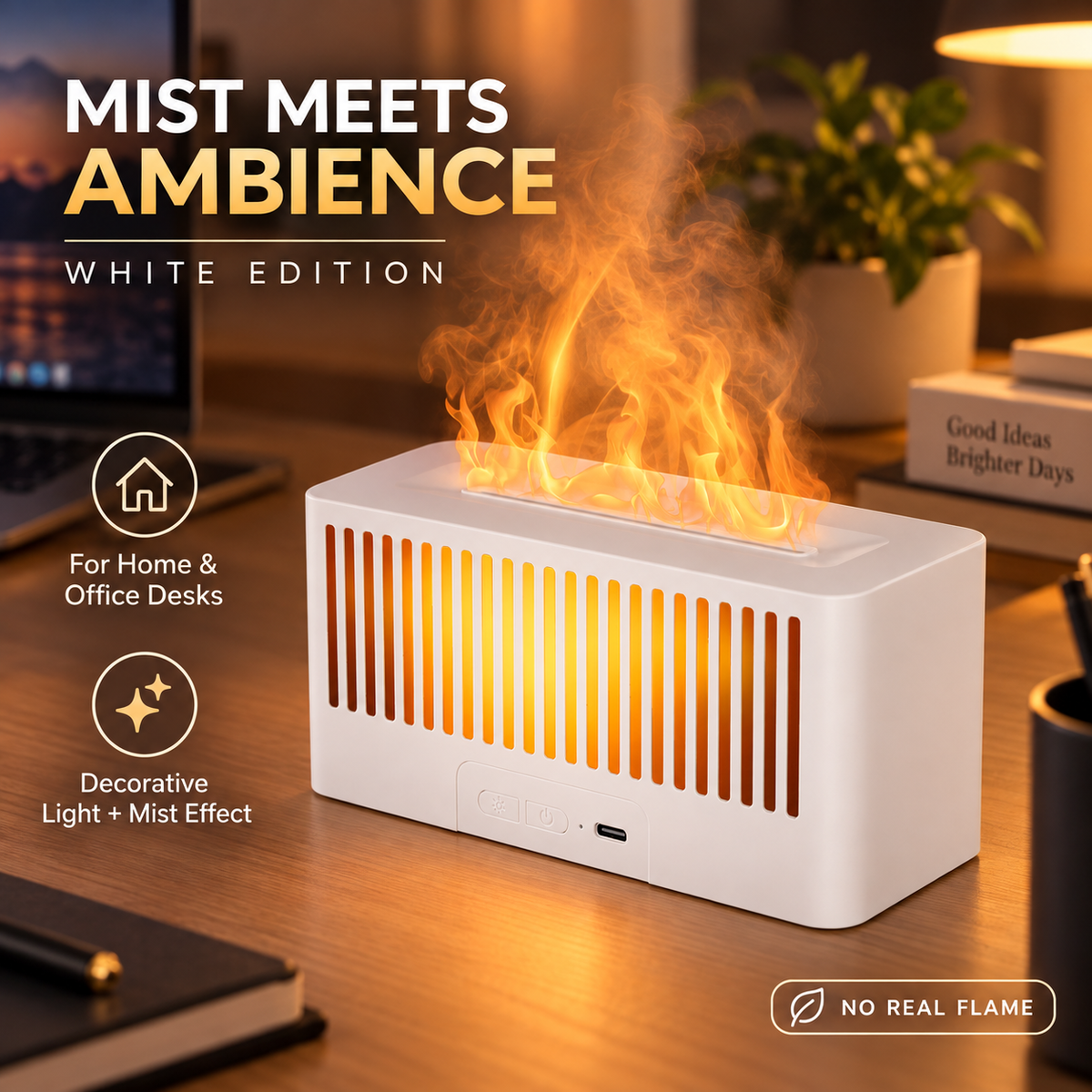 White Flame-Effect Desktop Humidifier with Colorful Ambient Light – 150 mL