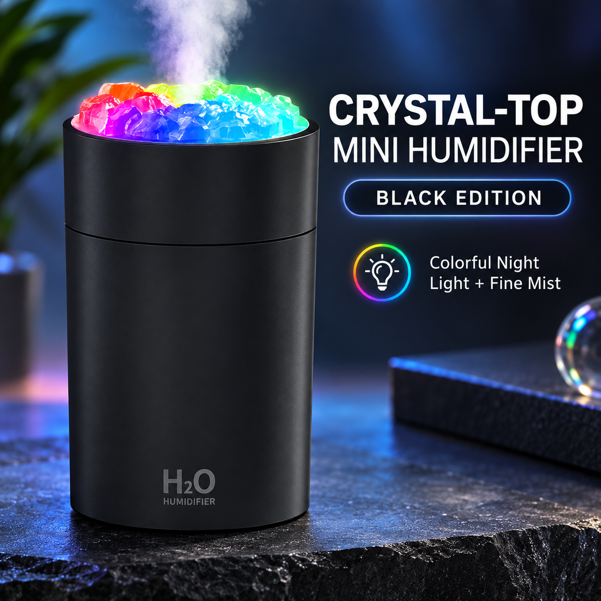 Black Crystal-Top Mini Desktop Humidifier with Colorful Night Light – 220 mL