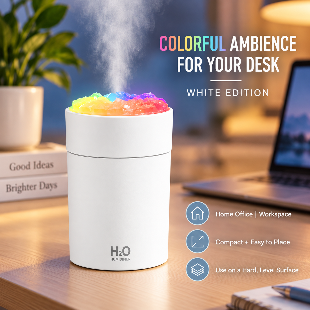 White Crystal-Top Mini Desktop Humidifier with Colorful Night Light – 220 mL