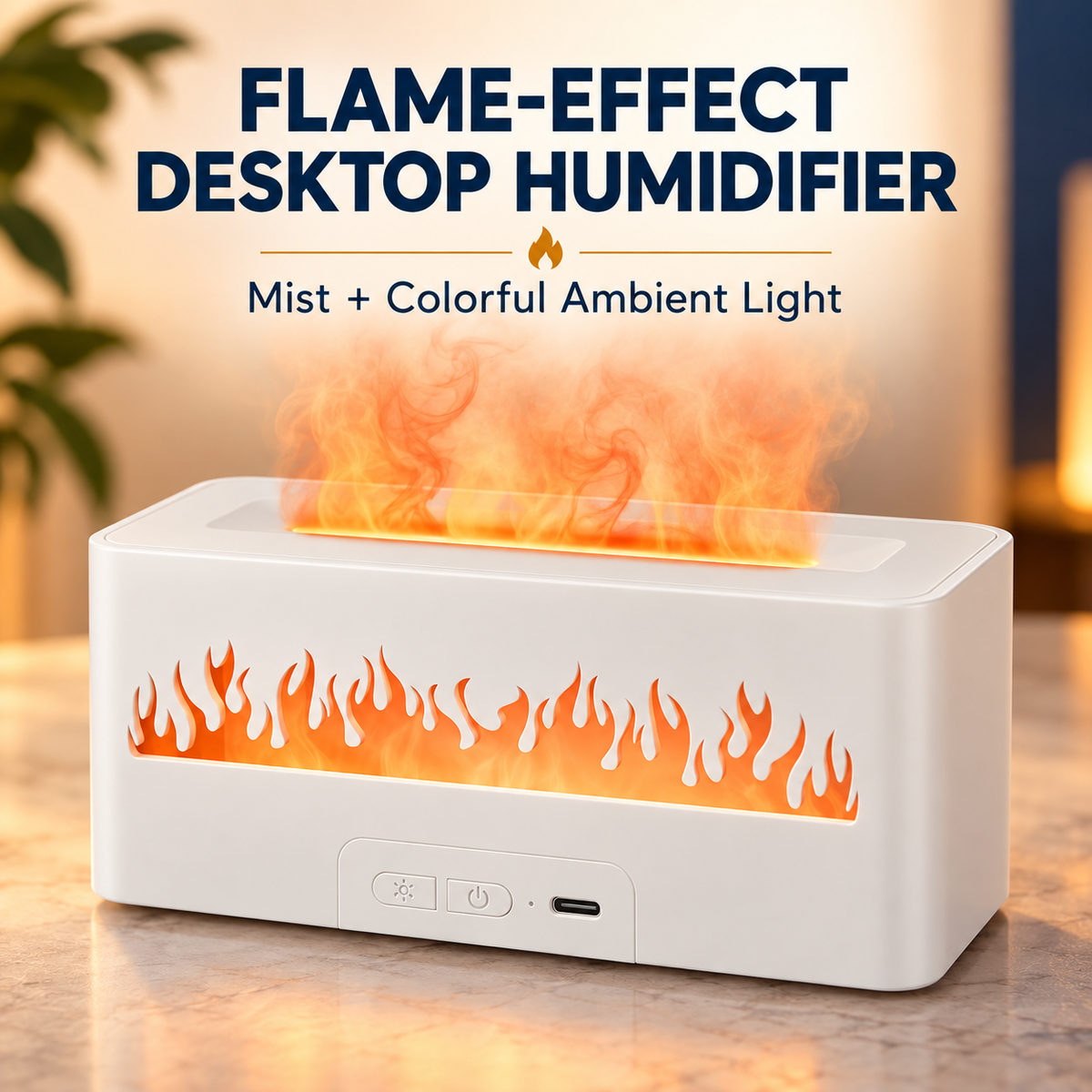 Flame Effect Mini Humidifier with Colorful LED Ambient Light, 150ml USB-C Cool Mist Humidifier for Bedroom, Office & Home