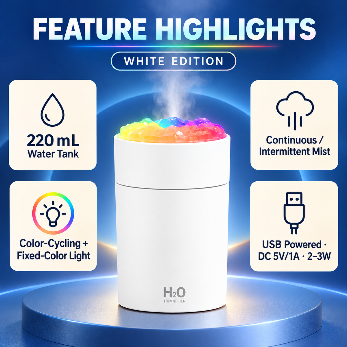 White Crystal-Top Mini Desktop Humidifier with Colorful Night Light – 220 mL