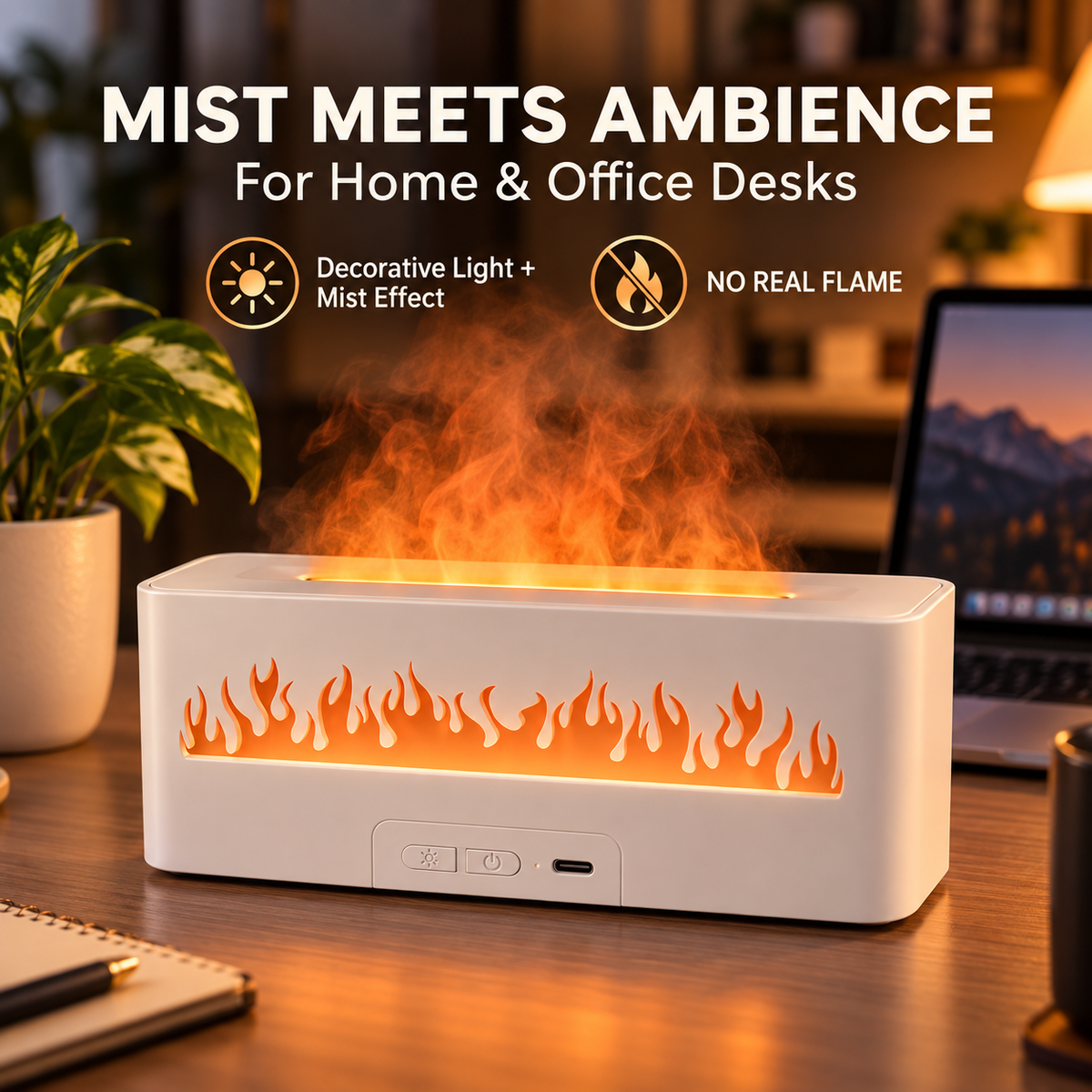 Flame Effect Mini Humidifier with Colorful LED Ambient Light, 150ml USB-C Cool Mist Humidifier for Bedroom, Office & Home