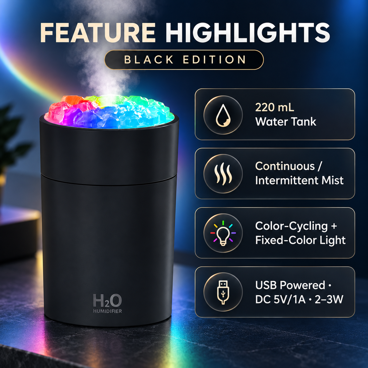 Black Crystal-Top Mini Desktop Humidifier with Colorful Night Light – 220 mL