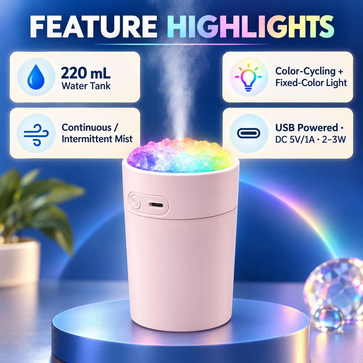 Crystal-Top Mini Desktop Humidifier with Colorful Night Light – 220 mL