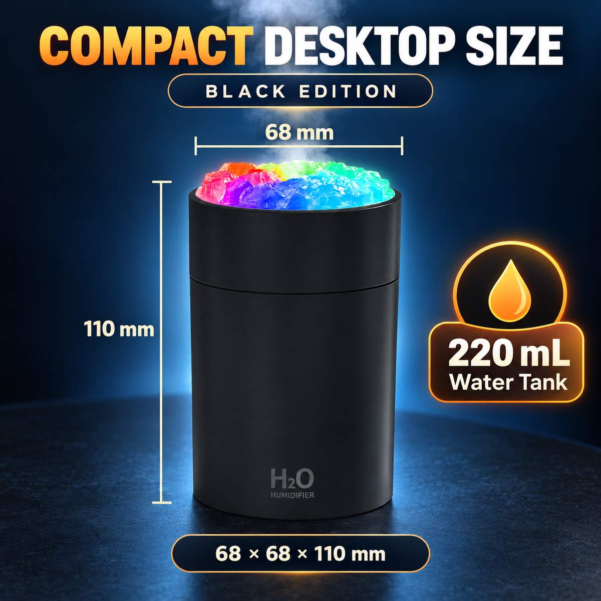 Black Crystal-Top Mini Desktop Humidifier with Colorful Night Light – 220 mL