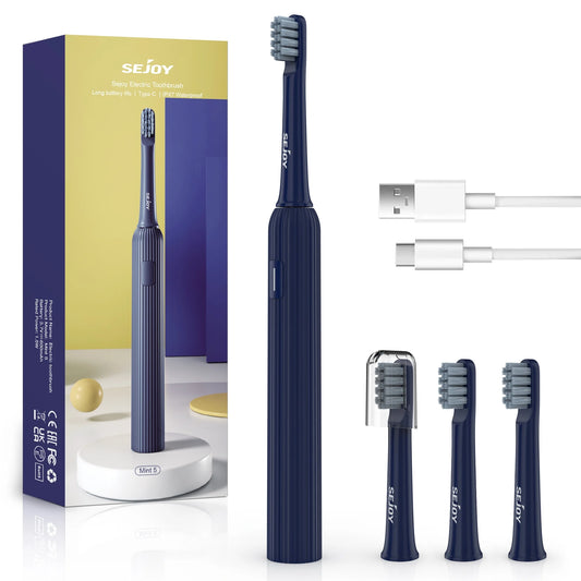 Sejoy Electric Toothbrush, Rechargeable Power Toothbrush, Fast Charge Sonic Tooth Brush with Travel Lock, 4 Brush Heads, Gift, Navy Blue