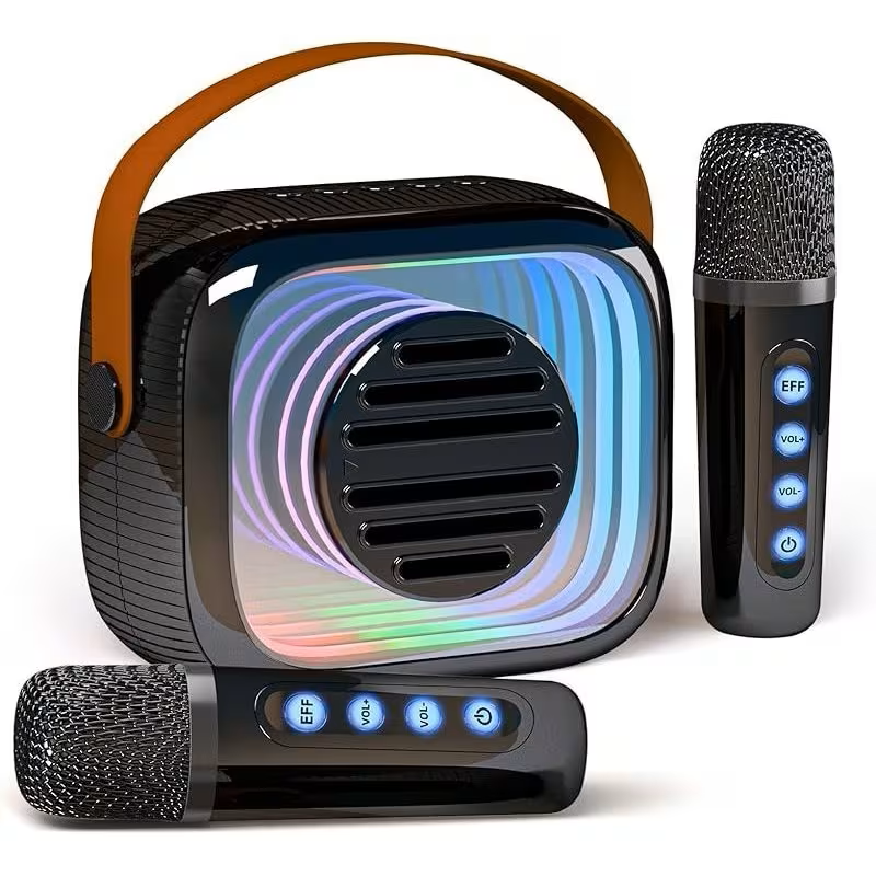 Mini Karaoke Machine - Portable Speaker with 2 Microphone, 5 Voice Changing Effects, Colorful Lights, Rechargeable Battery, USB Charging, Indoor And Outdoor Loud Speaker