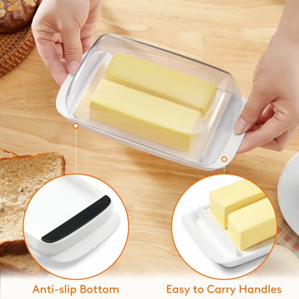 Lifewit Butter Dish with Lid for Countertop, Extra Large Plastic Butter Holder Container with Handles&Markings in Kitchen Organization, Perfect for 2 West/East Coast Butters, Dishwasher Safe, White