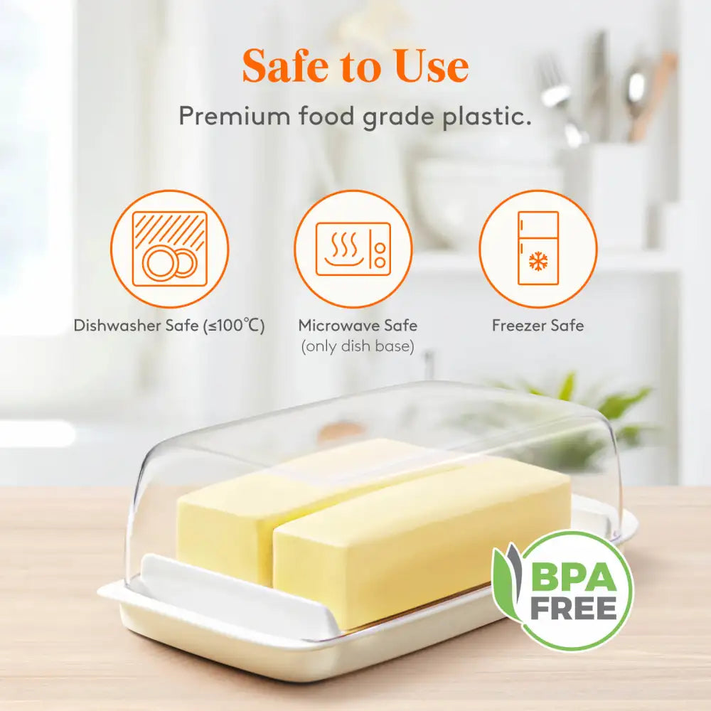 Lifewit Butter Dish with Lid for Countertop, Extra Large Plastic Butter Holder Container with Handles&Markings in Kitchen Organization, Perfect for 2 West/East Coast Butters, Dishwasher Safe, White