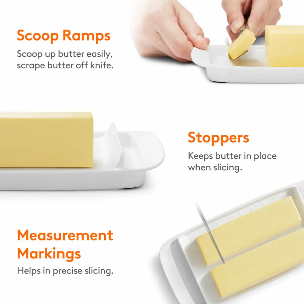 Lifewit Butter Dish with Lid for Countertop, Extra Large Plastic Butter Holder Container with Handles&Markings in Kitchen Organization, Perfect for 2 West/East Coast Butters, Dishwasher Safe, White