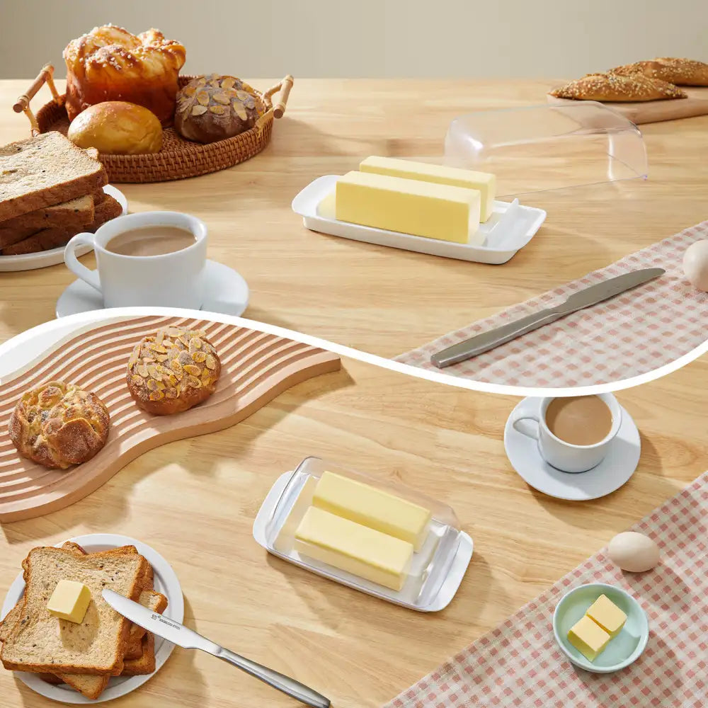 Lifewit Butter Dish with Lid for Countertop, Extra Large Plastic Butter Holder Container with Handles&Markings in Kitchen Organization, Perfect for 2 West/East Coast Butters, Dishwasher Safe, White