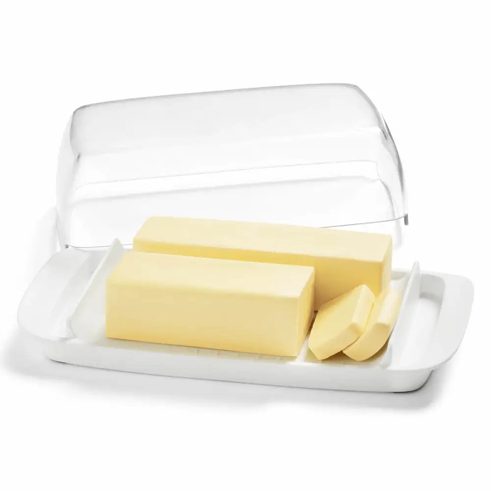 Lifewit Butter Dish with Lid for Countertop, Extra Large Plastic Butter Holder Container with Handles&Markings in Kitchen Organization, Perfect for 2 West/East Coast Butters, Dishwasher Safe, White
